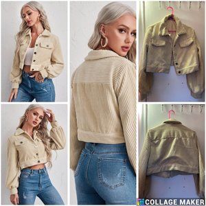 Lantern Sleeve Flap Detail Crop Cord Jacket Beige M6